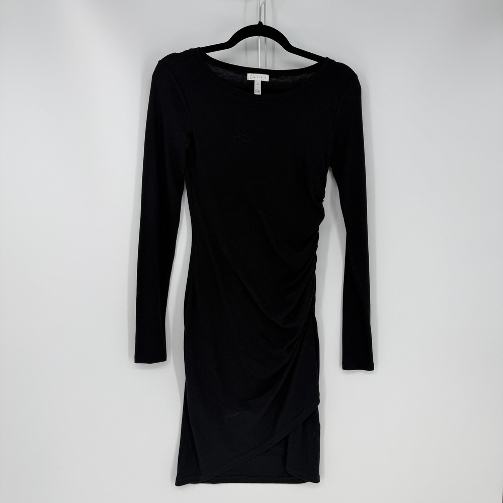 Leith Ruched Bodycon Dress XS Black Long Sleeve Tulip Hem LBD Hoco Goth Basic